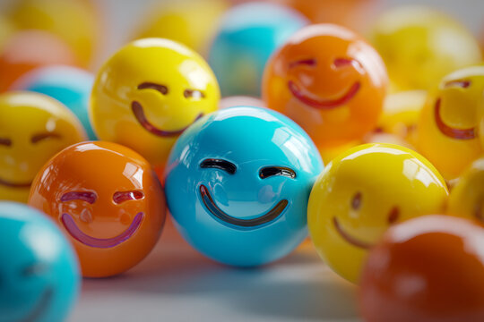 Colorful glossy spheres with joyful smiling faces arranged closely to convey happiness and positivity in a vibrant playful composition