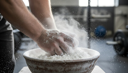 Powerful hands preparing for intense workout with chalk in modern gym setting