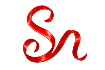 Red satin ribbon forming decorative swirl on transparent background