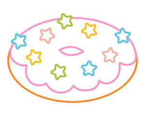 Donut with star cream decoration with bold colorful outline. Flat vector illustration isolated on white background. Fun dessert coloring page for kids books. Easy activity worksheet