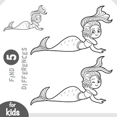 Cute mermaid listens to the sound of the sea in a shell. Spot the differences game for kindergarten and preschool children. Black and white coloring page for kids about fairytales