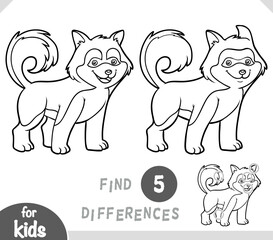Cute pet character husky. Spot the differences game for kindergarten and preschool children. Black and white coloring page for kids about dog breeds
