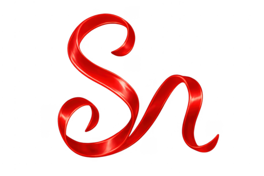 Red satin ribbon forming decorative swirl on transparent background