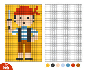 Cute pirate sailor character with knife. Pixel color by number page. Educational activity for preschool and kindergarten children to learn numbers and colors. Simple square grid design