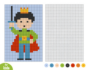 Cute prince character with sword and cloak. Pixel color by number page. Educational activity for preschool and kindergarten children to learn numbers and colors. Simple square grid design