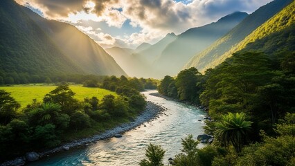 A serene river flows through a lush valley surrounded by green mountains and trees under a cloudy sky.