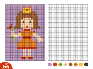 Cute princess character with a flower. Pixel color by number page for kids. Educational activity for preschool and kindergarten children to learn numbers and colors. Simple square grid design