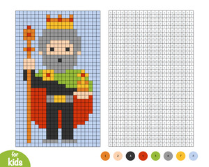 Cute king character with scepter and orb. Pixel color by number page. Educational activity for preschool and kindergarten children to learn numbers and colors. Simple square grid design