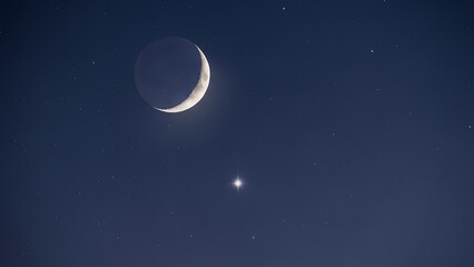 Crescent moon and a bright star in a dark night sky with tiny stars