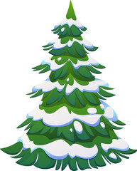 Cartoon Christmas fir tree in snow for winter holiday, vector decoration. Green fir or pine tree in winter forest with branches covered with snow for New Year, Xmas, and Christmas holidays