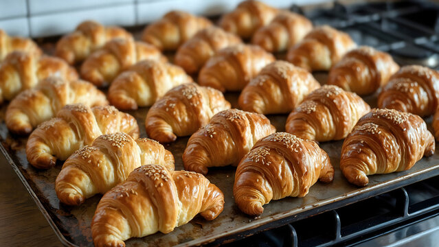 Freshly baked croissants with sesame seeds look delicious and golden brown for a perfect breakfast treat - Powered by Adobe