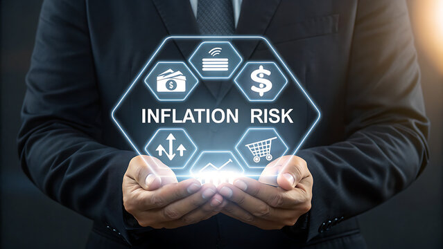 Businessman holding a glowing digital hexagon display showing the words inflation risk with icons representing finance, technology, dollar sign, market, and arrow movement