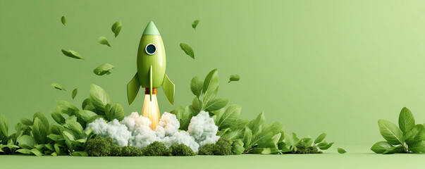 Green Rocket Startup, Eco Innovation, Sustainable Growth, Environmental Technology, Nature Friendly Business Concept. Panoramic bg