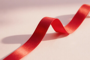 Elegant red satin ribbon gracefully curves on a soft pink background, showcasing its smooth texture and vibrant color, perfect for decorative and creative projects