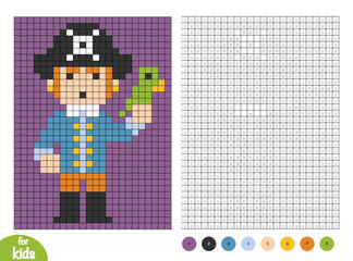 Cute pirate character with parrot. Pixel color by number page for kids. Educational activity for preschool and kindergarten children to learn numbers and colors. Simple square grid design