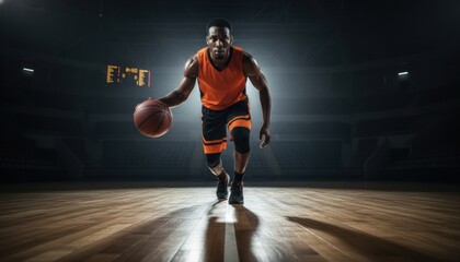 Athletic male basketball player in orange uniform dribbling a ball forward on a professional court with dramatic spotlight lighting and a dark background