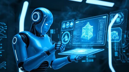 Futuristic robot interacts with digital interface. Advanced technology displays data visualization and analysis. AI demonstrates capabilities in virtual environment.