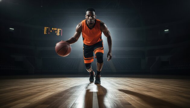 Athletic male basketball player in orange uniform dribbling a ball forward on a professional court with dramatic spotlight lighting and a dark background