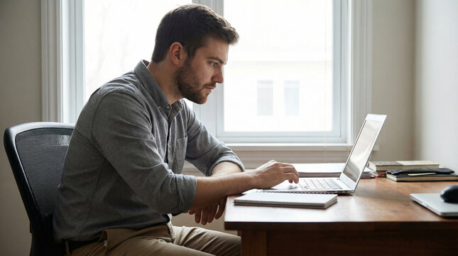 Man working on laptop at home office near a window