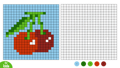 Cherry berry pixel color by number page for kids. Educational activity for preschool and kindergarten children to learn numbers and colors. Square grid design about fruits and vegetables