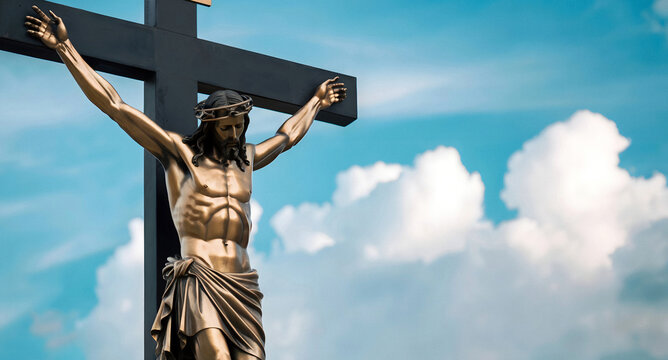 Dramatic depiction of Jesus Christ on the cross against a bright sky for Easter or religious themes