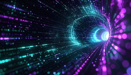 Obraz premium Quantum Key Distribution Network: Entangled photon particles traveling through fiber optic tunnels with encryption shields forming protective barriers 