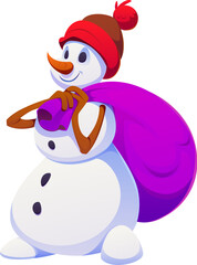 Cartoon Christmas snowman character for winter holiday with gifts bag, vector personage. Funny snowman in knitted hat and carrying sack of New Year presents for kids Christmas holiday character
