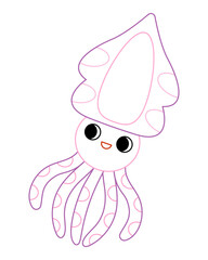 Cute squid with bold colorful outline. Flat vector illustration isolated on white background. Fun ocean animal coloring page for kids. Easy activity worksheet for preschool projects
