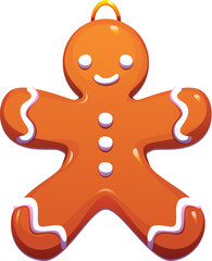 Cartoon gingerbread man cookie Christmas tree decoration figure with glossy icing. Cute vector bauble ornament for winter xmas holiday celebration, shiny retro toy, classic festive traditional decor