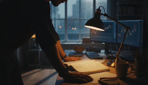 Focused trader analyzing financial data at night in a modern workspace setting