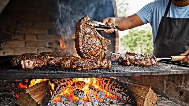 Man grilling thick seasoned steaks over an open wood fire in a brick barbecue pit with tongs