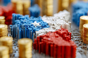 Stylized representation of the Puerto Rican flag constructed from vertical multicolored rods surrounded by stacks of golden coins symbolizing financial growth and investm