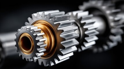 Close-up of interlocking metallic gears with a golden center, symbolizing precision and innovation in engineering and business applications.
