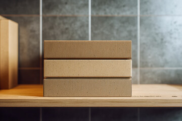 Three eco-friendly stacked rectangular cardboard boxes on a wooden shelf with a textured grey stone background wall in soft natural light
