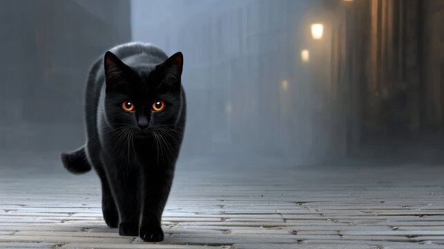 Black cat with glowing red eyes prowling a misty city street at night, evoking mystery and intrigue. - Powered by Adobe