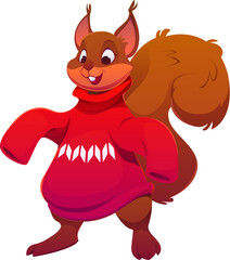 Christmas squirrel or cartoon animal character for winter holiday, vector personage. Funny squirrel in red knitted sweater with ornament and happy face for Christmas greeting, New Year and Xmas