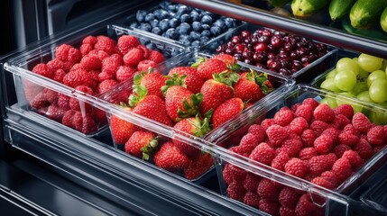 Open freezer drawer with an assortment of strawberries, raspberries, blueberries, cherries, grapes, and courgettes in clear containers, emphasizing healthy eating.