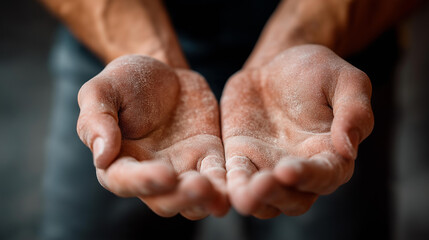 Athletic preparation with chalked hands defocused for strength, faceless training fitness, chalk visualization detail, blurred motivation background, powerlifting concept, preparat