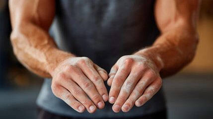 Athletic preparation with chalked hands defocused for strength, faceless training fitness, chalk visualization detail, blurred motivation background, powerlifting concept, preparat