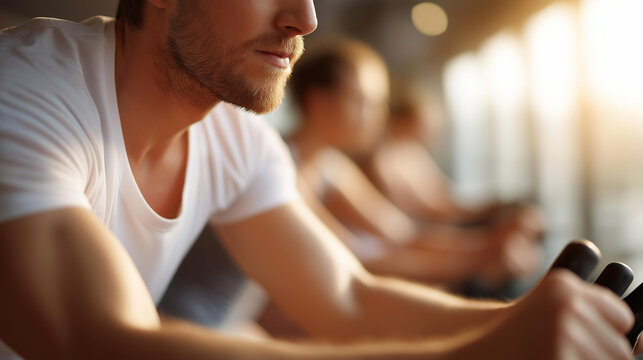 Spinning class participants engaged intense defocused workout session, faceless determination energy, modern visualization detail, blurred gym background, sunlight concept, motivat