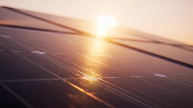 Solar panels reflect sunlight during sunset. Clean energy technology promotes renewable power. Solar power generates sustainable energy solutions.