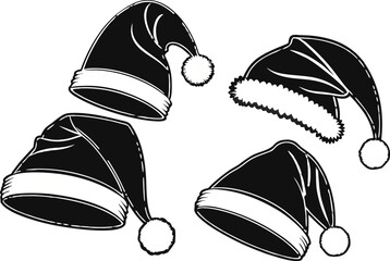 Collage featuring various black Santa hats in close-up, isolated on transparent background for Christmas and New Year festive creative designs.