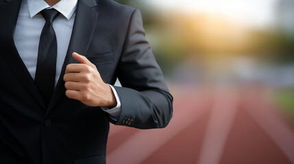 Businessman prepares race on track defocused wearing formal, faceless attire contrast, running visualization detail, blurred athletic background, competition concept, business inte