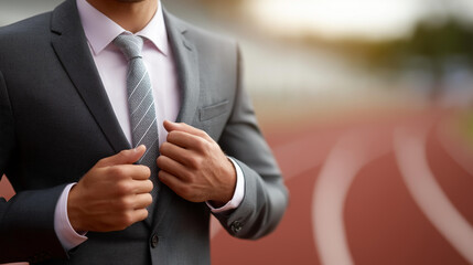 Businessman prepares race on track defocused wearing formal, faceless attire contrast, running visualization detail, blurred athletic background, competition concept, business inte
