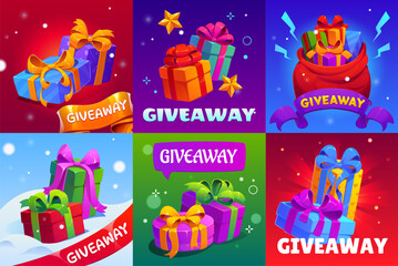Gifts giveaway and win prize vector posters of give away contest events. Cartoon gift boxes and presents with ribbons and bows, gold stars and confetti. Christmas holidays giveaway social media promo
