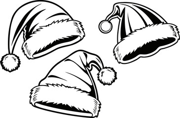 Collage of white and black Santa Claus hats in close-up view, isolated on transparent background for Christmas and New Year festive design projects.