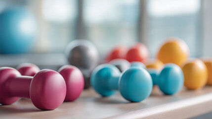 Vibrant fitness equipment arrangement clean defocused backdrop symbolizing, faceless wellbeing pursuit, colorful visualization detail, blurred background, health concept, wellness