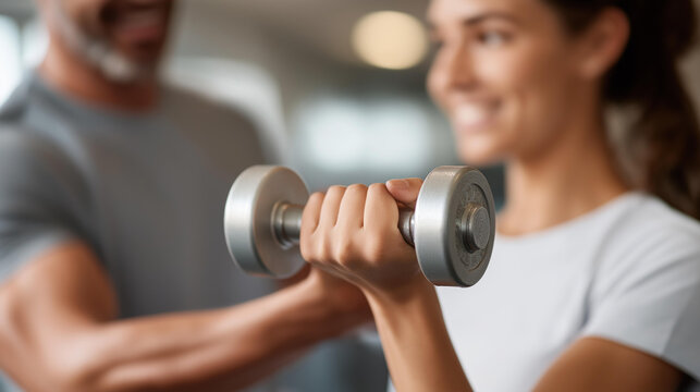 Fitness trainer guiding client through defocused dumbbell workout, faceless motivation sweat, focus visualization detail, blurred gym background, training concept, exercise interfa