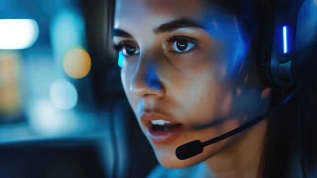 A woman with headphones on her head, looking intently into the distance. She is likely a professional game streamer or broadcaster.