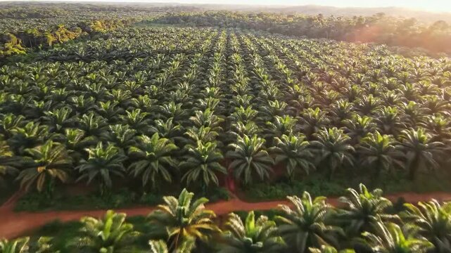 Expansive agricultural plantation with rows of green tropical palm trees under soft sunlight